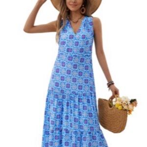 Trary Blue and Pink Patterned Midi Dress